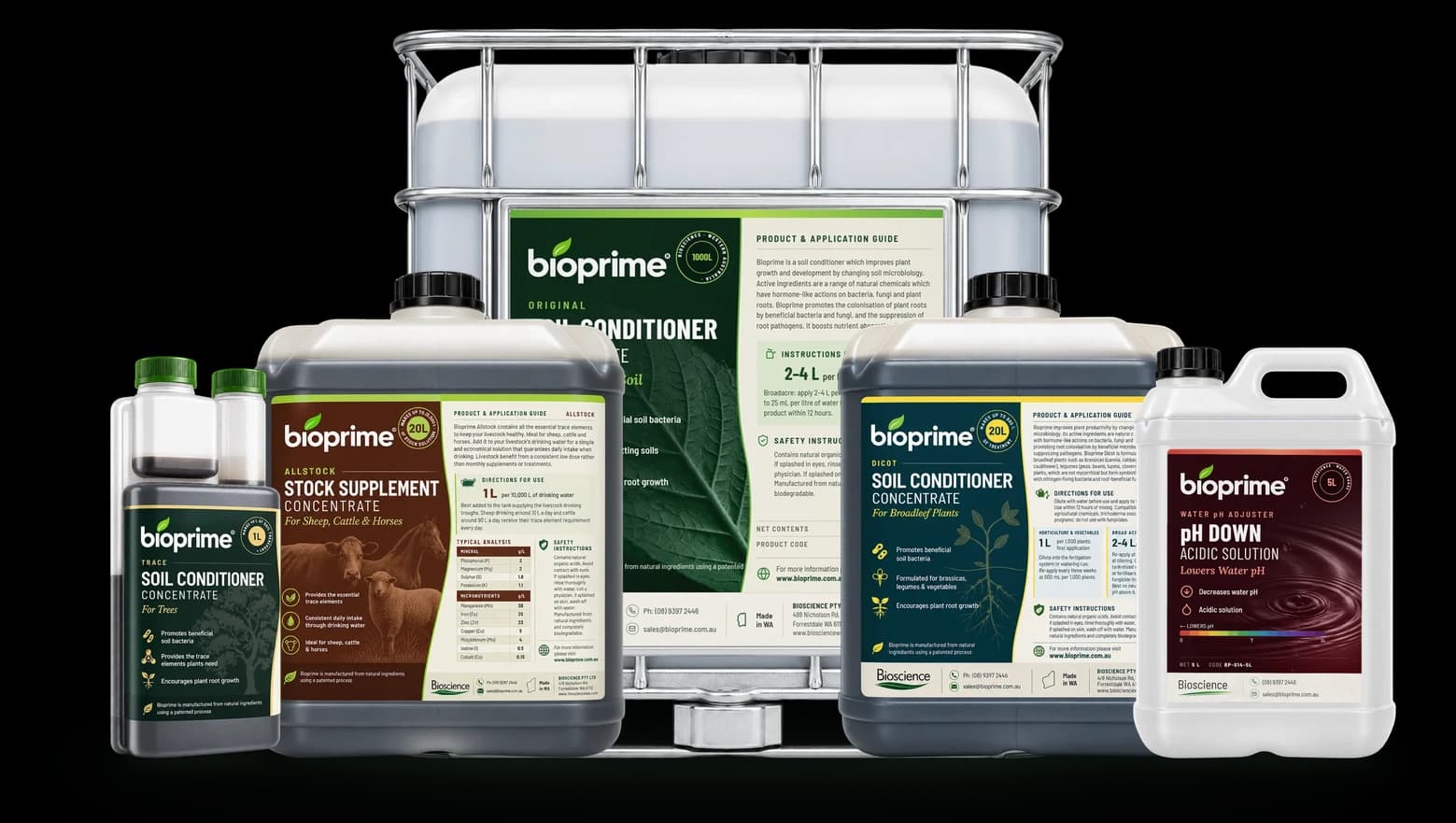 The Bioprime range: a 1 L bottle, 20 L drums, a 1000 L IBC and a 5 L jerry can