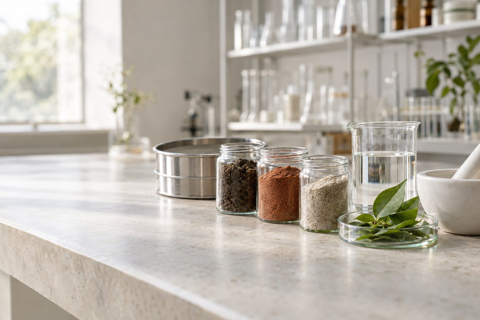 Soil samples in glass jars on a bright laboratory bench