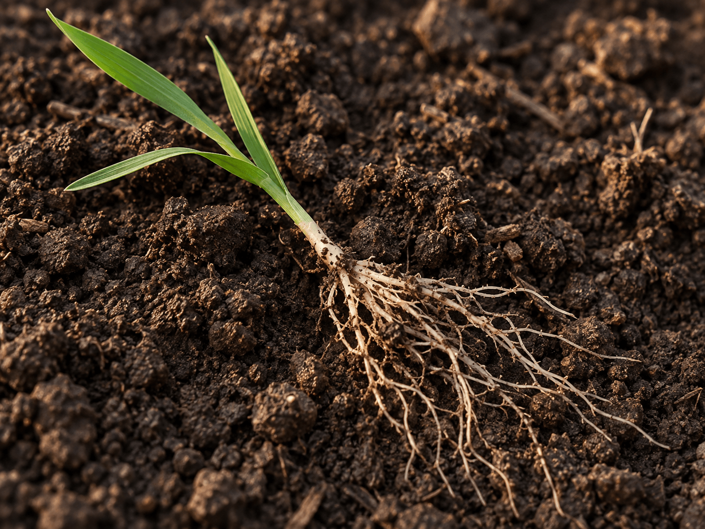 A young wheat plant with fine roots in rich, crumbly soil